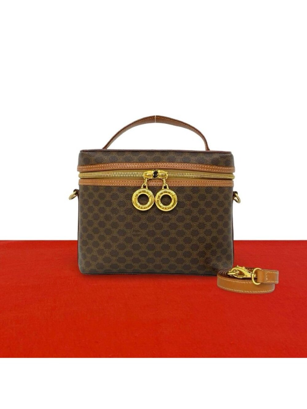 Celine Vintage Macadam Pattern Logo Ring Leather 2-Way Shoulder Bag Brown